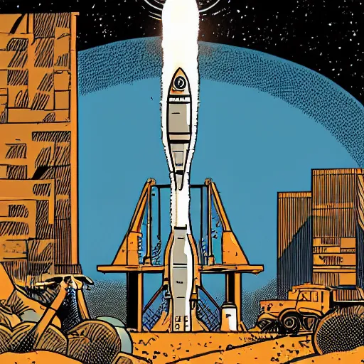 Image similar to an illustration of a rocket on its launchpad, by laurie greasley and james stokoe