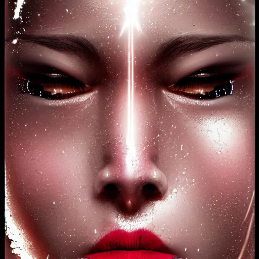 Image similar to cyborg sweating water, big drops of sweat, forehead only, by Hajime Sorayama, airbrush art, beautiful face, highly realistic, star flares, trending on artstation, beautiful lighting, sharp, details, hyper-detailed, HD, HDR, 4K, 8K