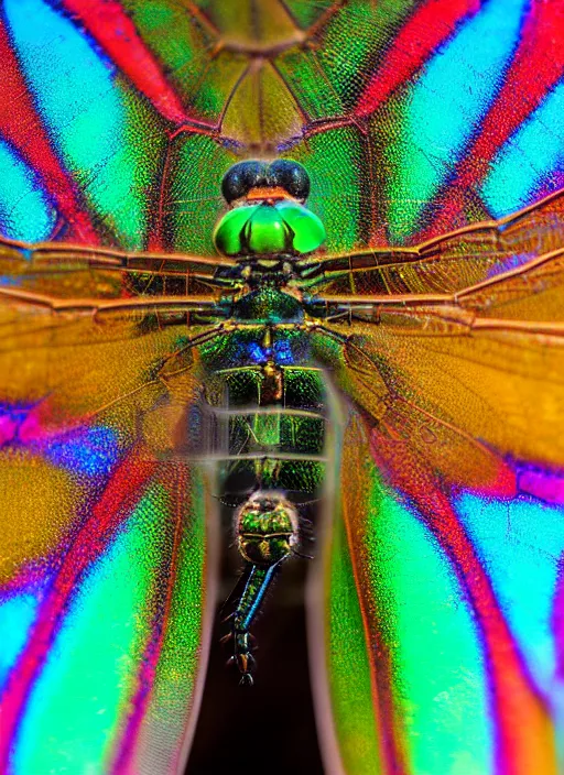 Prompt: close-up dragonfly rainbow wing, natural light, photography, 500 mm,high detail