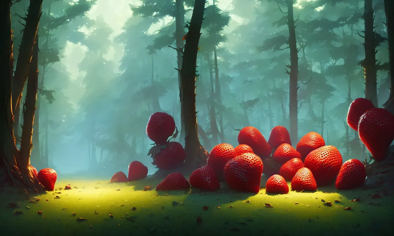 Image similar to Dark forest large strawberries, behance hd by Jesper Ejsing, by RHADS, Makoto Shinkai and Lois van baarle, ilya kuvshinov, rossdraws global illumination