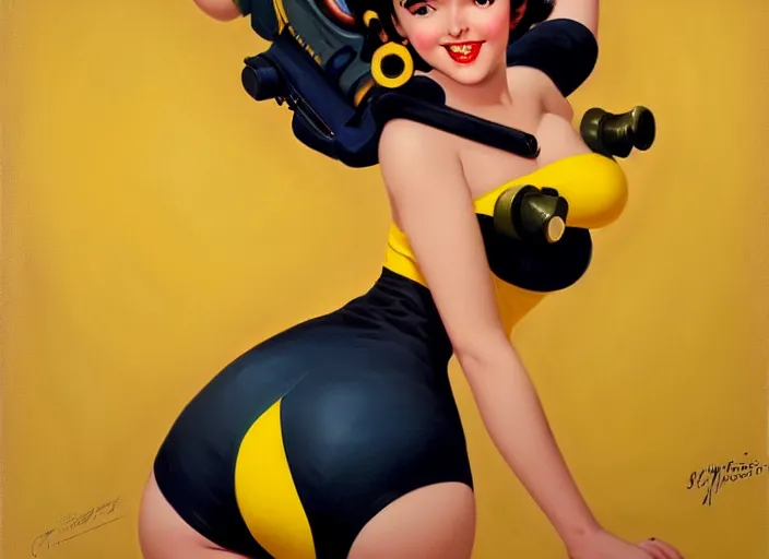 Image similar to the style of the artist gil elvgren, a girl with black hair, overwatch tracer, with a very beautiful symmetrical face, a smile on her face, tanned skin, in a yellow bikini, against the background of a sea beach, in art style, high detail, digital painting, hyperrealism