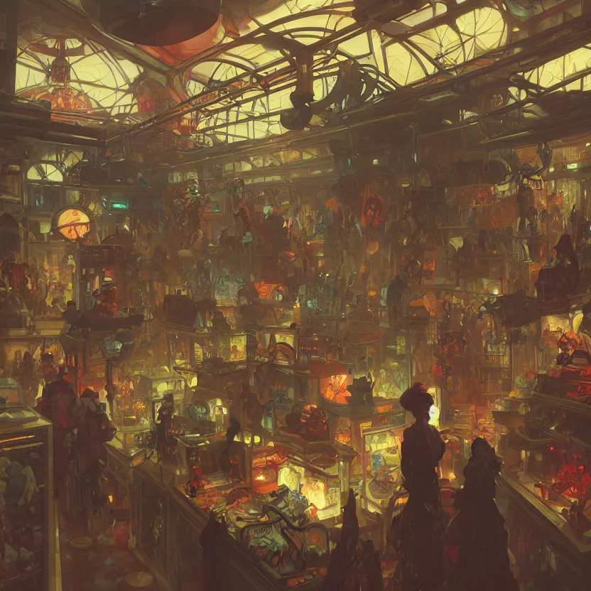 Prompt: inside a dimly lit futuristic toystore. highly detailed, digital painting, artstation, concept art, matte, sharp focus, illustration, art by artgerm and greg rutkowski and alphonse mucha