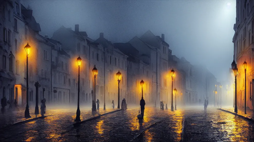 Prompt: many peoples on street of the old town with houses in the windows of which the light is on. early morning, fog on ground, wet street. mike barr painting. volumetric light, dull colors, dark, noir arthouse, 3 5 mm, hight detalied, hd, 4 k