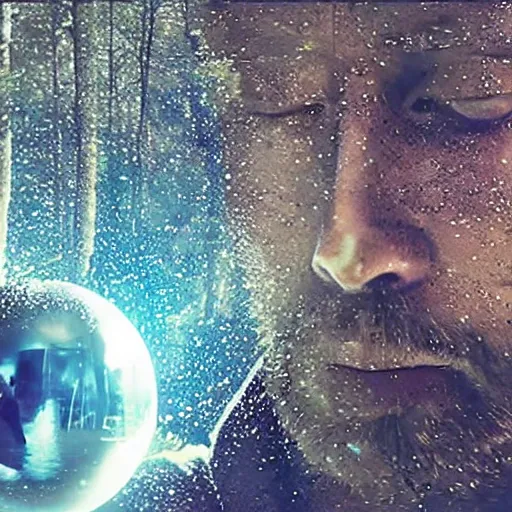 Image similar to thom yorke singer songwriter in a forest in a spacesuit filling up with water, waterline refractions, anamorphic lens flare, beautiful blueish eyes, eyes reflecting into eyes reflecting into infinity, spherical tiny round eye pupils, eyes reflecting into eyes reflecting into infinity, dramatic lighting