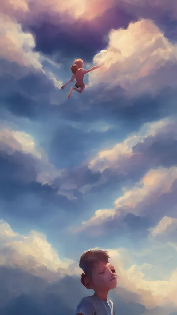 Prompt: A boy swimming in the clouds, volumetric lightin, highly detailed, digital painting, artstation, concept art, smooth, sharp focus, blue sky, sunshine