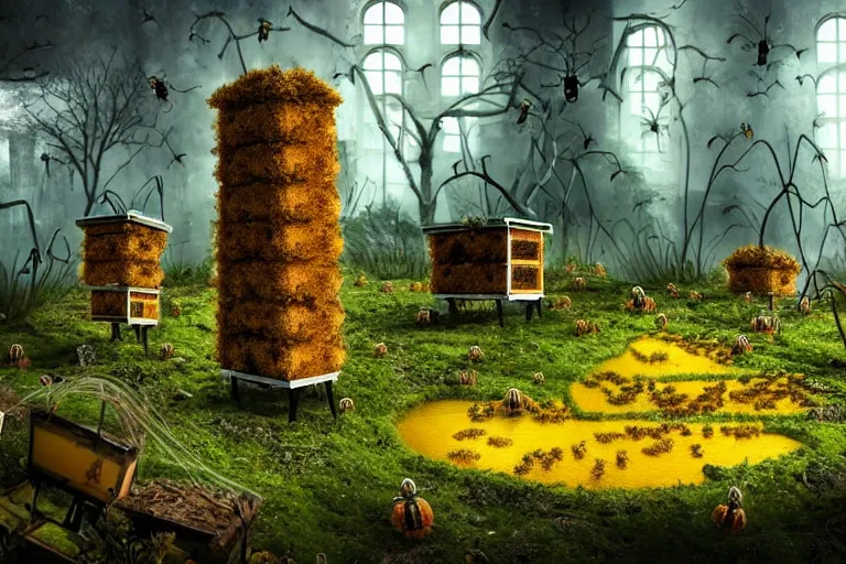 Prompt: elegance, favela garden honeybee hive, slime mold forest environment, industrial factory, spooky, award winning art, epic dreamlike fantasy landscape, ultra realistic,