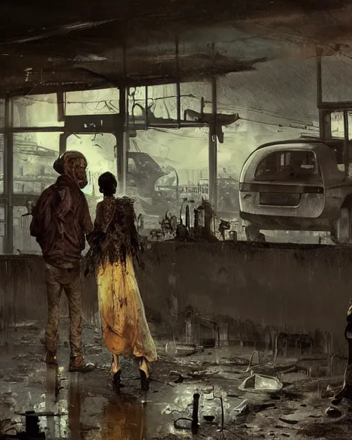 Prompt: a highly detailed epic cinematic concept art CG render digital painting artwork: old dead couple at a decayed gas station surrounded by dark figures. By Greg Rutkowski, in the style of Francis Bacon and Syd Mead and Norman Rockwell and Beksinski, open ceiling, highly detailed, painted by Francis Bacon and Edward Hopper, painted by James Gilleard, surrealism, airbrush, Ilya Kuvshinov, WLOP, Stanley Artgerm, very coherent, triadic color scheme, art by Takato Yamamoto and James Jean