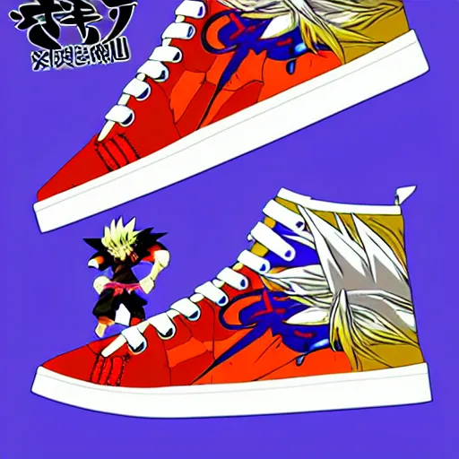 Image similar to fantasy anime jrpg sneaker design designed for goku, chrono trigger guilty gear style, aztec mayan street fashion native punk sneaker design, hip hop sneaker design with subtle mayan patterns, gapmoe yandere grimdark, trending on pixiv fanbox, painted by greg rutkowski makoto shinkai takashi takeuchi studio ghibli, akihiko yoshida