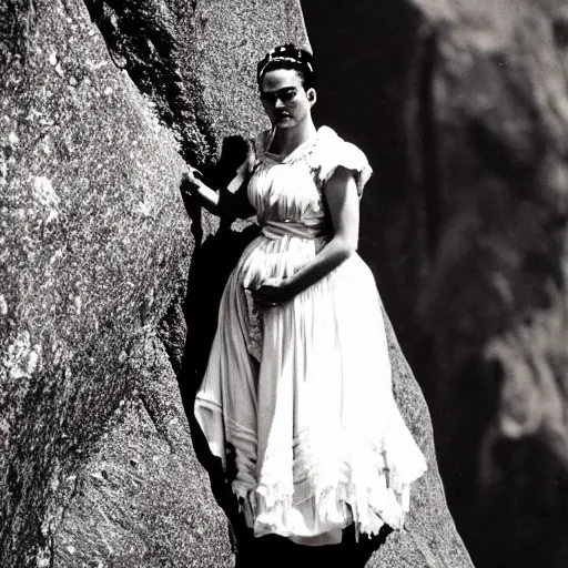 Image similar to Ultra realistic close-up of Frida Kahlo in a wedding dress rock climbing, hd