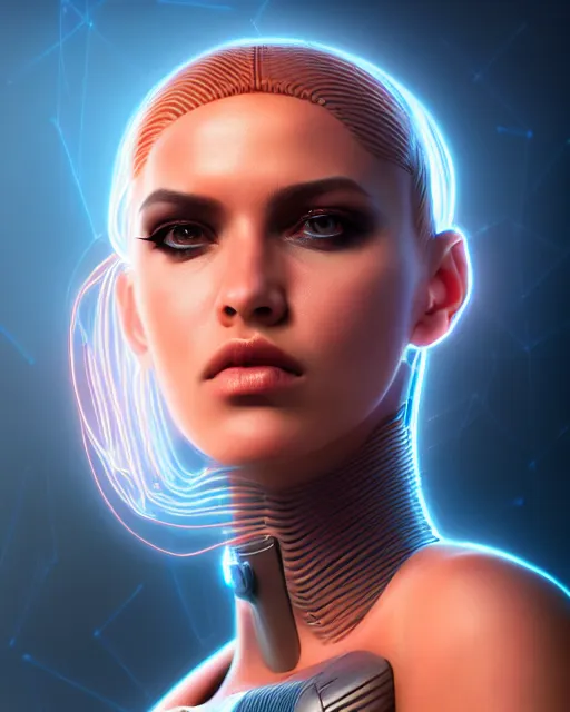 Prompt: portrait of a feminine symmetric beautiful sci - fi cyberpunk female cyborg, desert oasis background, ultra realistic, highly detailed, hd, sharp focus, cinematic lighting, realistic, photorealistic, vivid colors, painting, photograph, digital art, non blurry, sharp, artstation, concept art, smooth, illustration