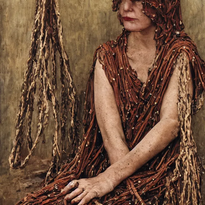 Image similar to a closeup portrait of a woman wearing a cloak made of rusted nails and ribbons, staring at an empty swing, by vincent desiderio, canon eos c 3 0 0, ƒ 1. 8, 3 5 mm, 8 k, medium - format print