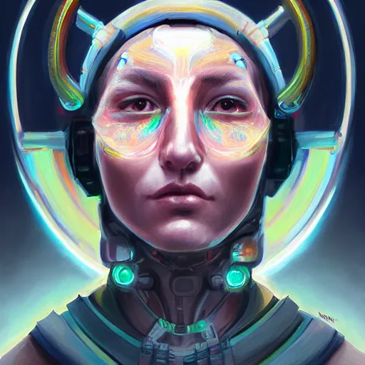 Prompt: portrait of a future metaverse cyborg tech shaman warrior by Mandy Jurgens, cartoon, oil painting , visionary art, symmetric, Magick symbols, holy halo, shipi bo patterns, sci-fi