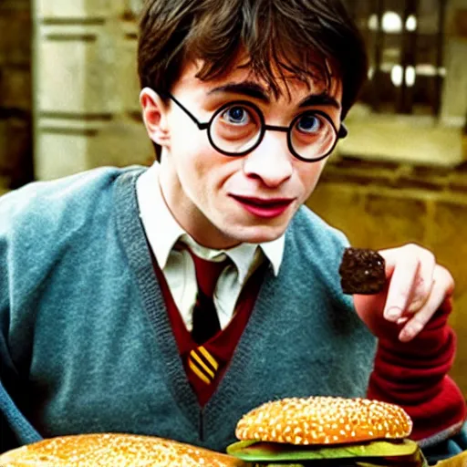 Prompt: Harry Potter eating a cheeseburger, photo realistic, award-winning, highly-detailed, epic, cinematic, dramatic