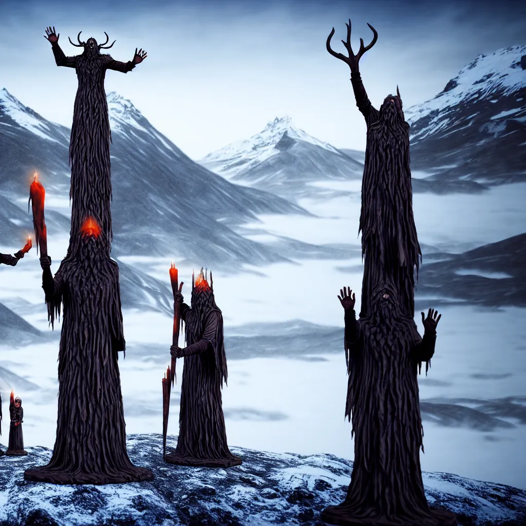 Prompt: evil druids performing a ritual, wooden statue, snowy mountain background, a detailed matte painting, fantasy, foggy, grim, dark