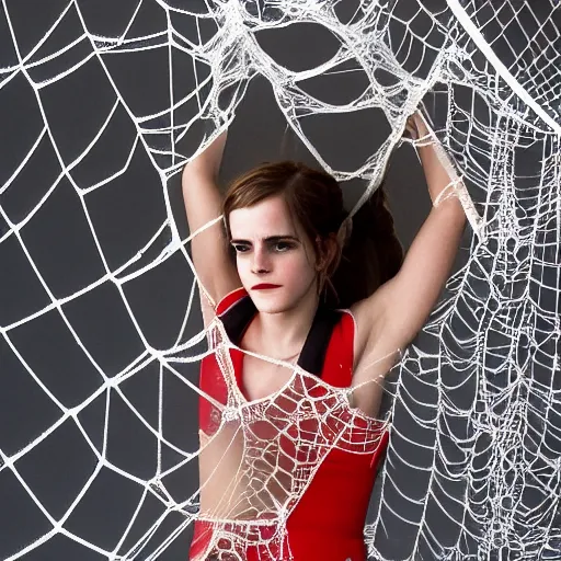 Image similar to upset emma watson hanging from and trapped in a giant spider web