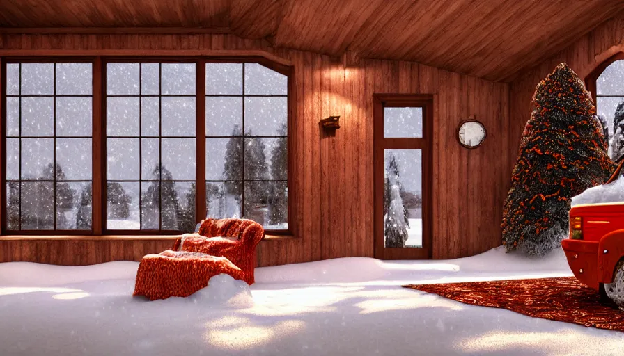 Image similar to spacious warm cozy snowplow interior, intricate and decorated, winter landscape outside, volumetric lighting, photorealistic rendering, hyperreal