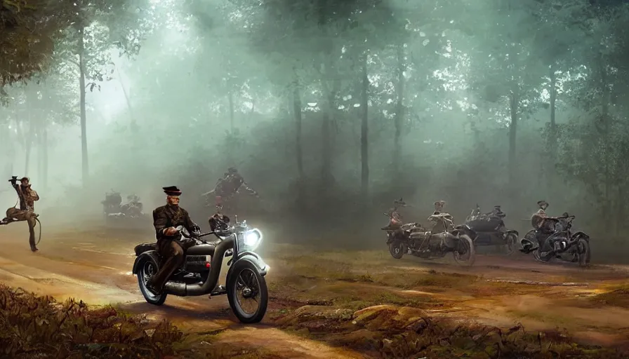 Image similar to a british officer driving a motorcycle at high speed in 1921 in kerala forest road, local people chasing to attack, furious action scene, chase, an epic fantasy, dramatic lighting, cinematic, establishing shot, extremely high detail, photorealistic, cinematic lighting, artstation, by simon stalenhag, shadow of the tomb rider