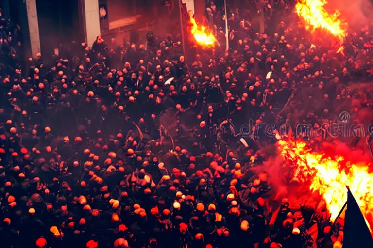 Prompt: magazine photoillustration of a tall sinister looking grim reaper looming over angry mob, violent protest, riot, flags slogans fire smoke flares, establishing shot, hyper detailed, hyperrealistic, cinematic, 8 k