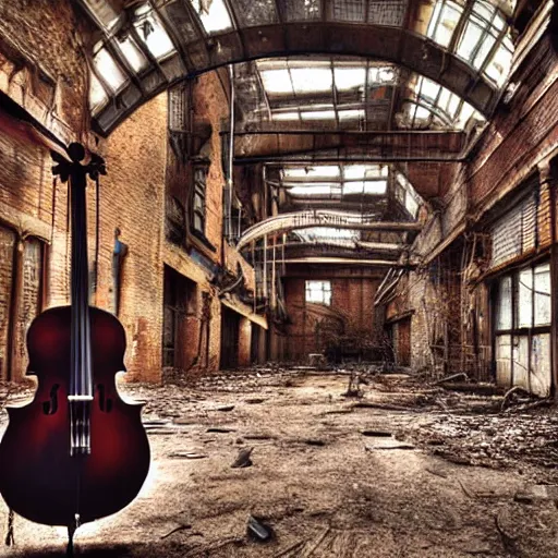 Image similar to abandoned steampunk factory with a Lonely cello, cinematic light,