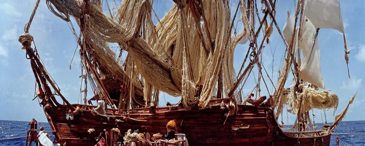 Image similar to pirate ship with spaghetti treasure, aboard a sailboat, caribbean, in the style of galen rowell, 1 7 0 0 s, canon 2 0 mm, kodachrome