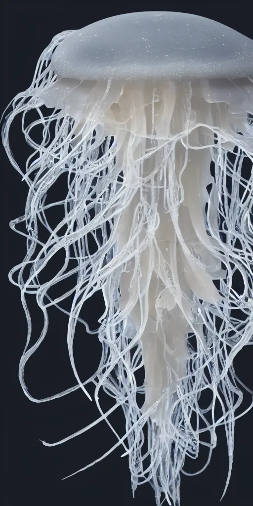 Prompt: a photorealistic render of a neotribal jellyfish, made of melted plastic and marble, c 4 d, by zhelong xu and ernst haeckel, wide angle, hyper realistic, plain black background, 8 k, volumetric lightning, octane render