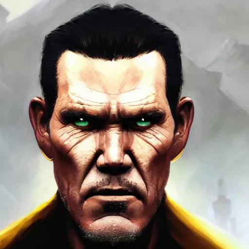 Prompt: A close up portrait of Josh Brolin, evil, yellow eyes, sith star wars art, art by greg rutkowski, matte painting, trending on artstation