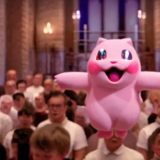 Image similar to film still of jigglypuff singing in a worship choir at a baptist church from the movie pokemon