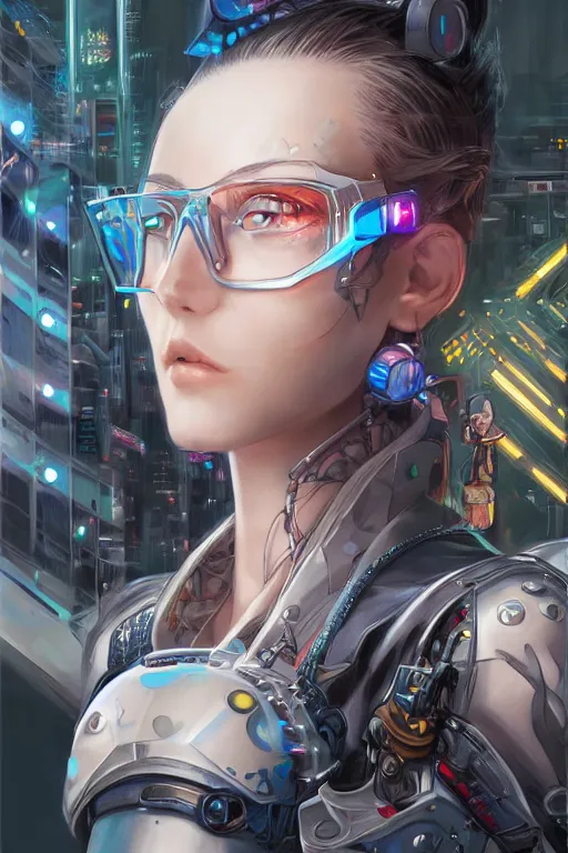 Image similar to Portrait of a cyberpunk cyborg , D&D, sci fi fantasy, intricate, richly detailed colored , art by Range Murata and Artgerm highly detailed, digital painting, trending on artstation, sharp focus, illustration, style of Stanley Artgerm,