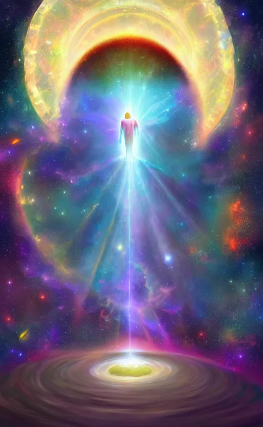 Image similar to Meeting God in the universe, digital art, trending on art station