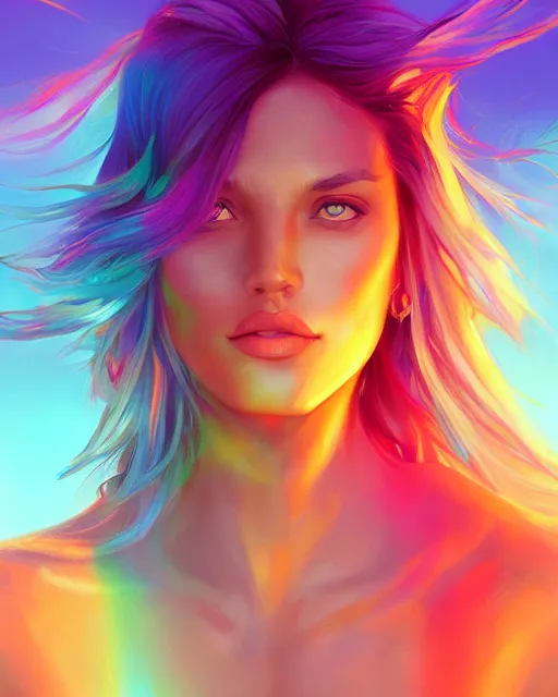 Image similar to summer vibes, beautiful sun tanned goddess portrait, flowy rainbow hair, sun, summer, cinematic lighting, highly detailed, digital painting, trending on artstation, pixiv, concept art, sharp focus, illustration, art by ross tran and wlop