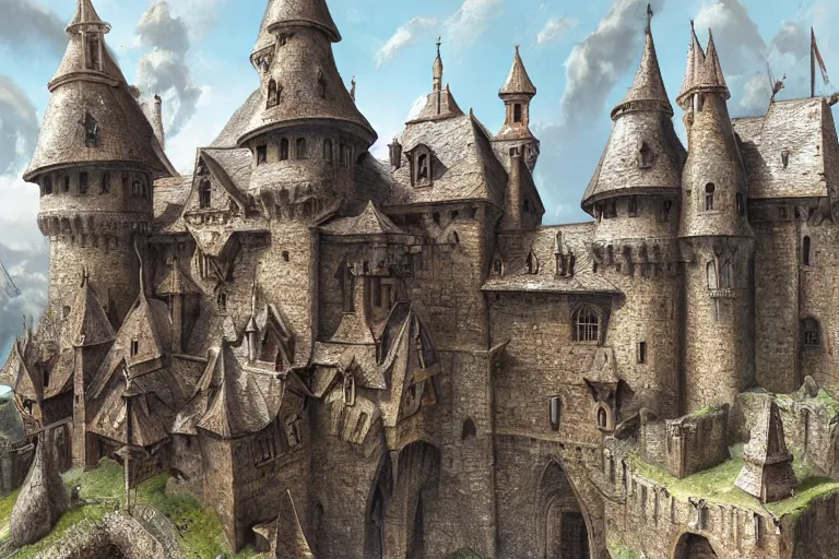 Image similar to A medieval castle, texture, intricate, details, highly detailed, masterpiece, architecture, building, trending on artstation, focus, sharp focus, concept art, digital painting, fantasy, sunny, day, midday