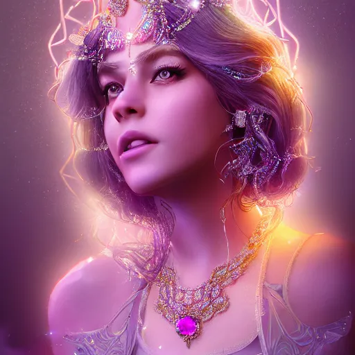 Image similar to portrait of princess of amethyst, glowing, ornate and intricate jewelry, jaw dropping beauty, glowing background lighting, white accent lighting, hyper detailed, fairy tale, 4 k octane render