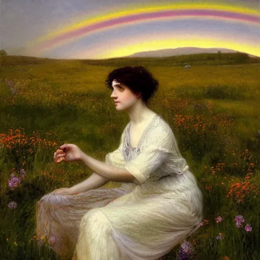 Image similar to a young woman in a flowing white gown sits on a rainbow stone among a wildflower meadow at dawn, in the style of alma tadema, iridescent, diffraction, holographic