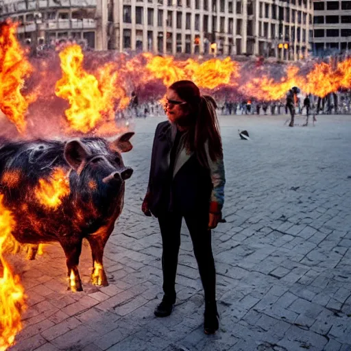 Prompt: portrait of sad female in taksim square, flying pig, synthesizer, fire, destruction,