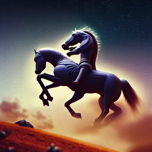 Image similar to hyperrealism aesthetic highly detailed photography of horse in dramatic scene, riding on a hyperrealism highly detailed astronaut. from western by hiroyuki okiura and katsuhiro otomo and alejandro hodorovski style with many details by mike winkelmann and vincent di fate in sci - fi style. volumetric natural light hyperrealism photo on dsmc 3 system,