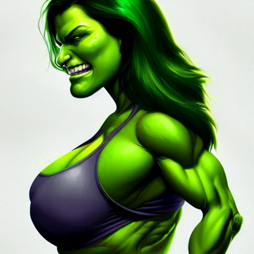 Prompt: beautiful Gina Carano skinny She Hulk green skin, middle shot, highly detailed, digital painting, artstation, concept art, smooth, sharp focus, illustration