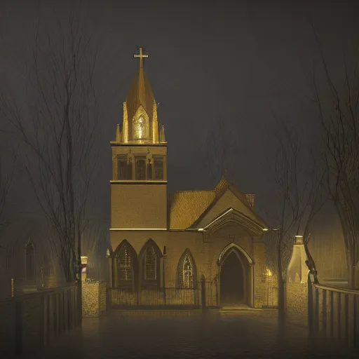 Image similar to victorian church in the middle of the city, dark, misty, at night, 8 k, detailed, concept art, trending on artstation