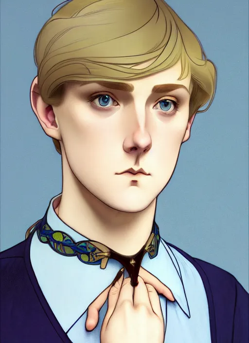 Image similar to art nouveau portrait of a pretty young man with short blond hair, light blue eyes, sad expression, scared, head down, shy and demure, wearing a choker collar, natural lighting, path traced, highly detailed, high quality, cartoon, digital painting, by don bluth and ross tran and studio ghibli and alphonse mucha