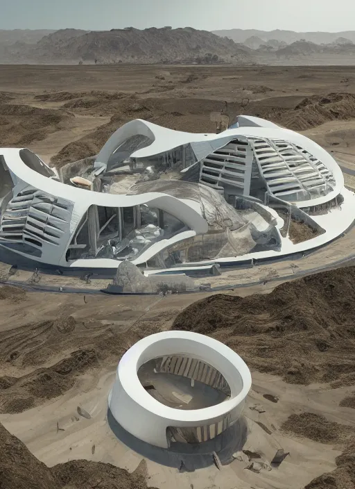 Image similar to techno mining tailing in chuquicamata bioremediation white futuristic horizontal architecture, epic, cinematic, hyperealistic, high detailed, corona render, hdr, ray tracing