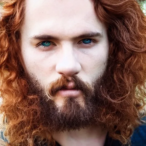 Image similar to soulful russian man with long wavy red hair, innocent green eyes, short goatee, and powerful muscles. wholesome, tender, kind!