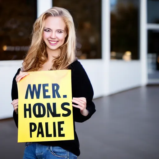 Prompt: attractive woman holding a sign, smiling