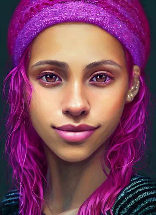 Image similar to portrait of teenage vanessa morgan with bright pink hair, vanessa morgan, curly pixie cut hair, wearing a purple breton cap, breton cap, subtle confident smile, hoop earrings, intricate, elegant, glowing lights, highly detailed, digital painting, artstation, concept art, smooth, sharp focus, illustration, art by wlop, mars ravelo and greg rutkowski