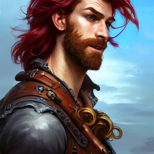 Image similar to portrait of a young ruggedly handsome but joyful pirate, male, masculine, upper body, red hair, long hair, d & d, fantasy, piercing eyes, intricate, elegant, highly detailed, digital painting, artstation, concept art, matte, sharp focus, illustration, art by artgerm and greg rutkowski and alphonse mucha