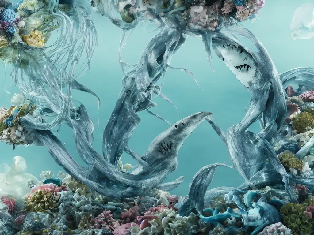 Image similar to a sculpture of ocean shark intertwined, a lovely cornucopia of flowers and human body parts, jellyfish, highly detailed, octane render, cinematic, shock, sharp focus