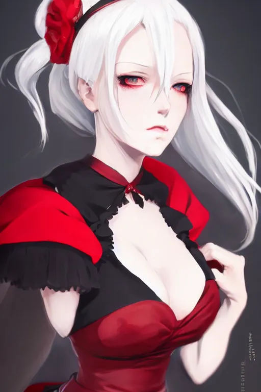 Image similar to card art of a girl with white hair wearing a black and red maid dress, black and red maid dress, Cushart Krenz, very detailed, realistic face, detailed face, matte, tonemapping, bbwchan, perfection, 4K, Cushart Krenz