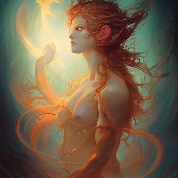 Prompt: a highly detailed beautiful portrait in the style of peter mohrbacher and in the style of jean delville. glowing rune of magical power.