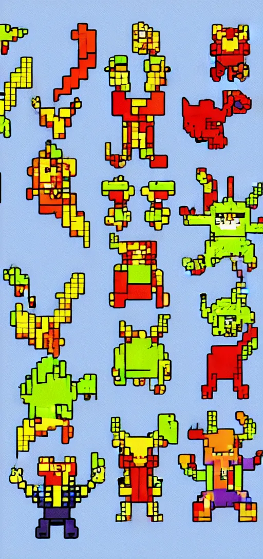 Image similar to pixel art sprite sheet of cute catchable monsters primary colors