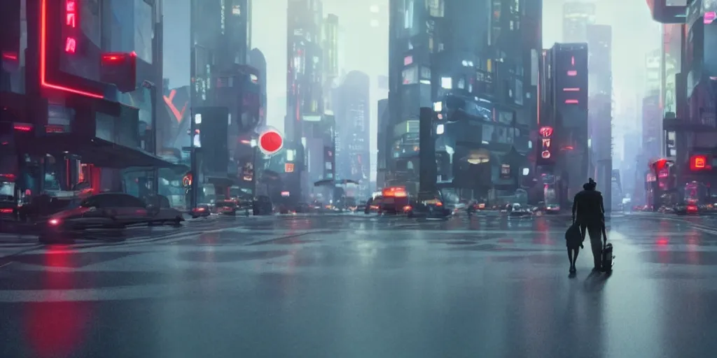 Image similar to a film still from Love, Death and Robots, wide angle lens, sharp, dramatic lighting, futuristic city street level, rain