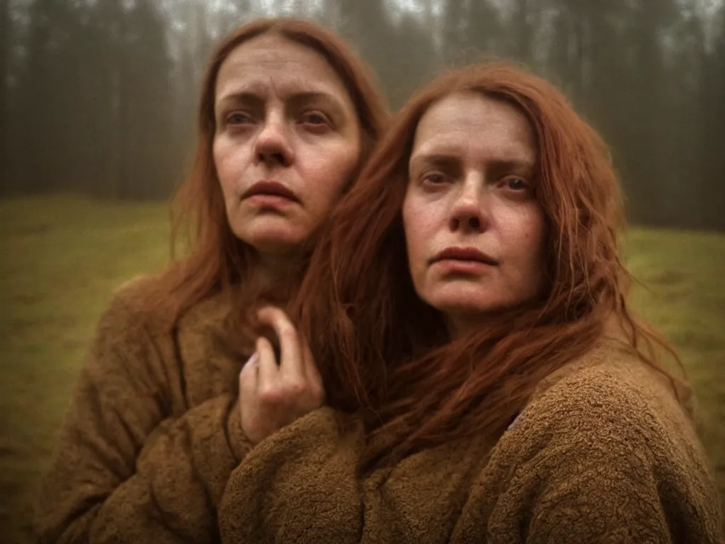 Prompt: close up portrait bust of woman, next to wood fence, tired expression, faded color film, russian cinema, tarkovsky, technicolor, heavy forest, wood cabin in distance, shallow depth of field, long brown hair, old clothing, heavy fog, atmospheric haze, brown color palette, sunset, low light, hudson river school, 4 k, dramatic lighting
