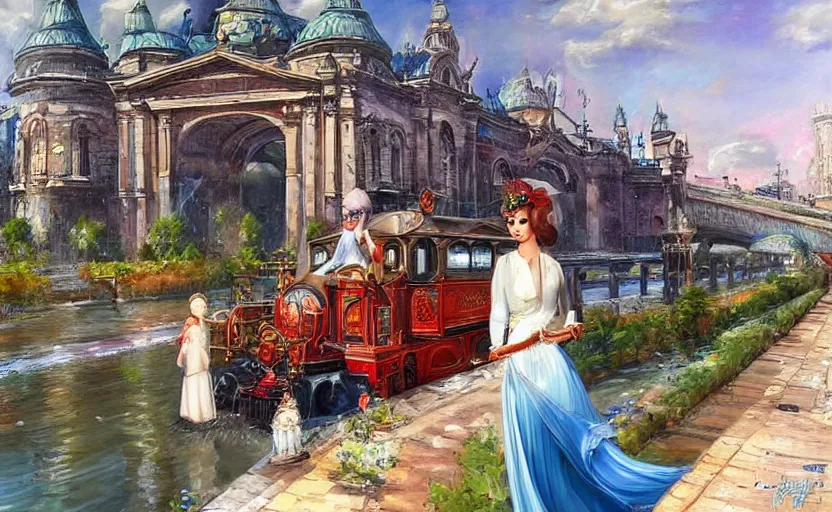 Image similar to Beautiful alchemy urban train that rides inside of a waterway on a fantasy city, next to a fountain and a mystical palace. By Konstantin Razumov, highly detailded